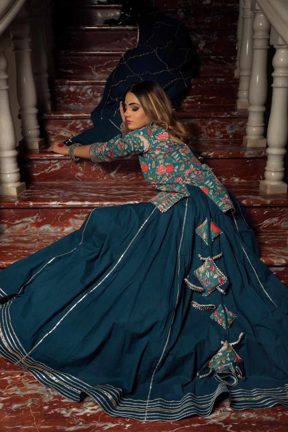 rangkari-tulsi-pure-cotton-hand-block-kurta-skirt-set-11403084GR, Women Indian Ethnic Clothing, Cotton Kurta Set Dupatta