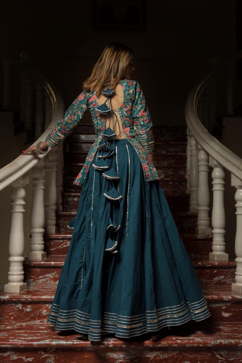 rangkari-tulsi-pure-cotton-hand-block-kurta-skirt-set-11403084GR, Women Indian Ethnic Clothing, Cotton Kurta Set Dupatta