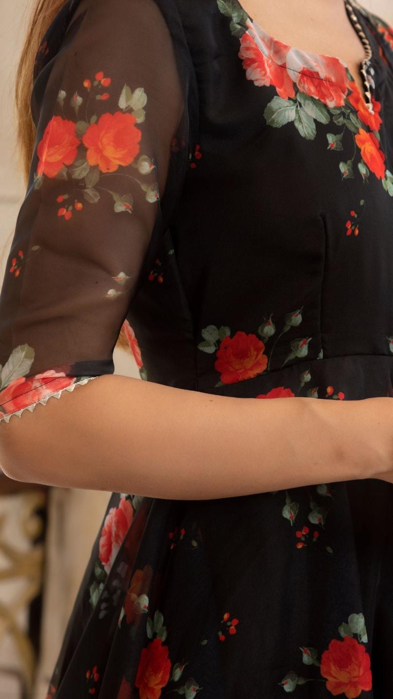 red-and-black-organza-anarkali-set-11403124BK, Women Indian Ethnic Clothing, Cotton Kurta Set Dupatta