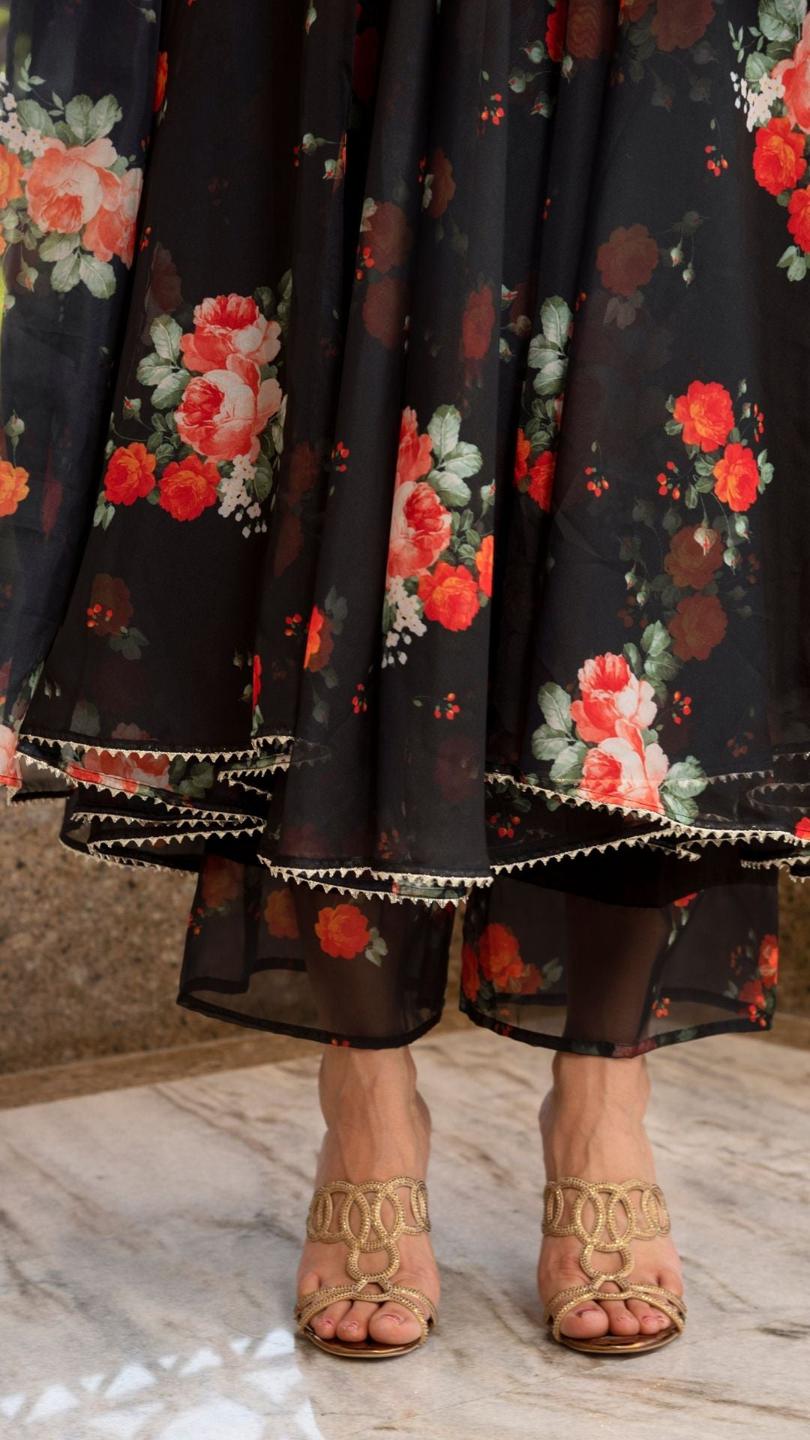 red-and-black-organza-anarkali-set-11403124BK, Women Indian Ethnic Clothing, Cotton Kurta Set Dupatta