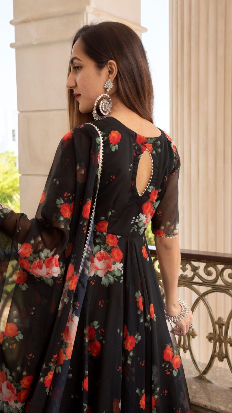 red-and-black-organza-anarkali-set-11403124BK, Women Indian Ethnic Clothing, Cotton Kurta Set Dupatta