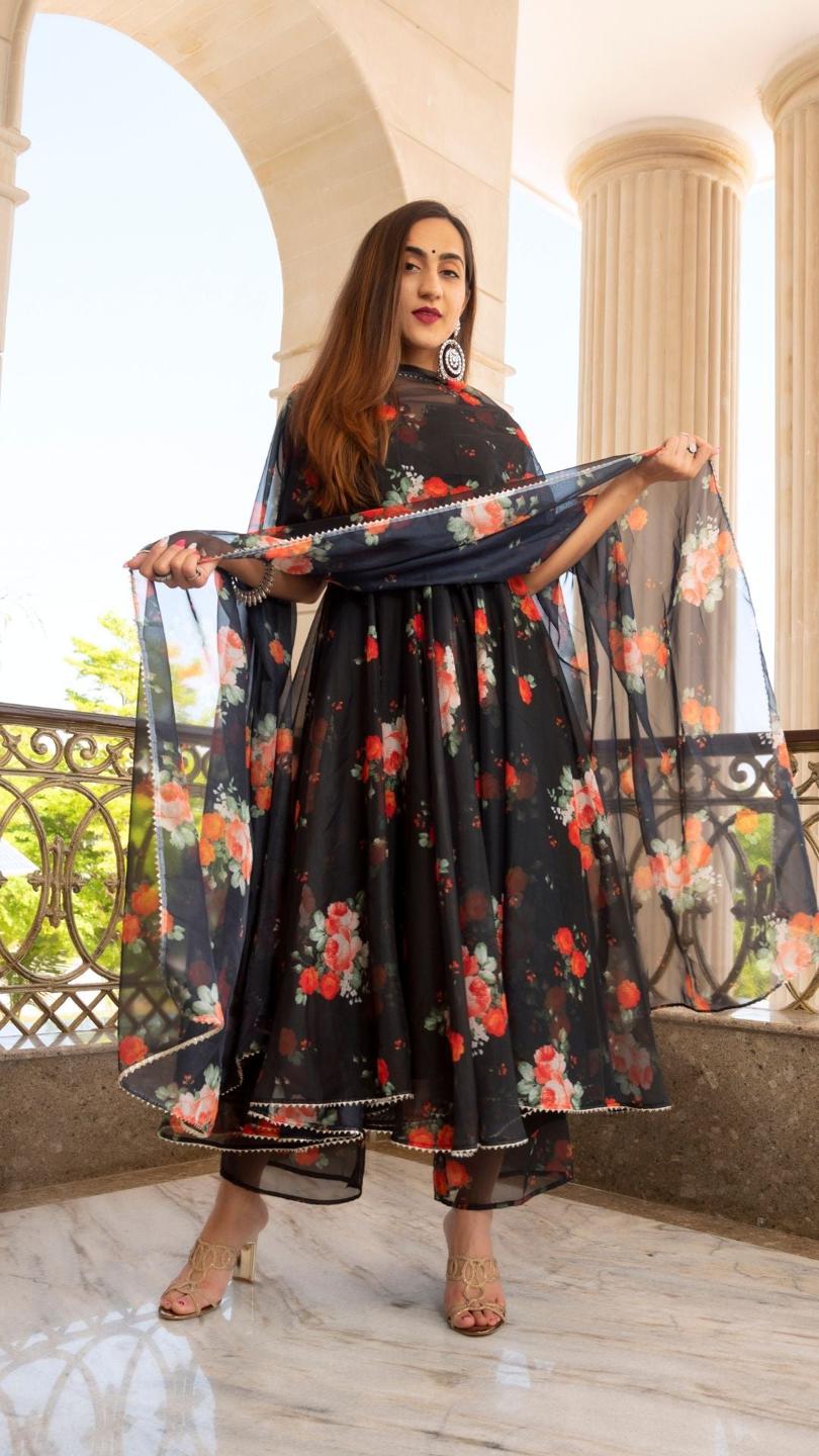 red-and-black-organza-anarkali-set-11403124BK, Women Indian Ethnic Clothing, Cotton Kurta Set Dupatta