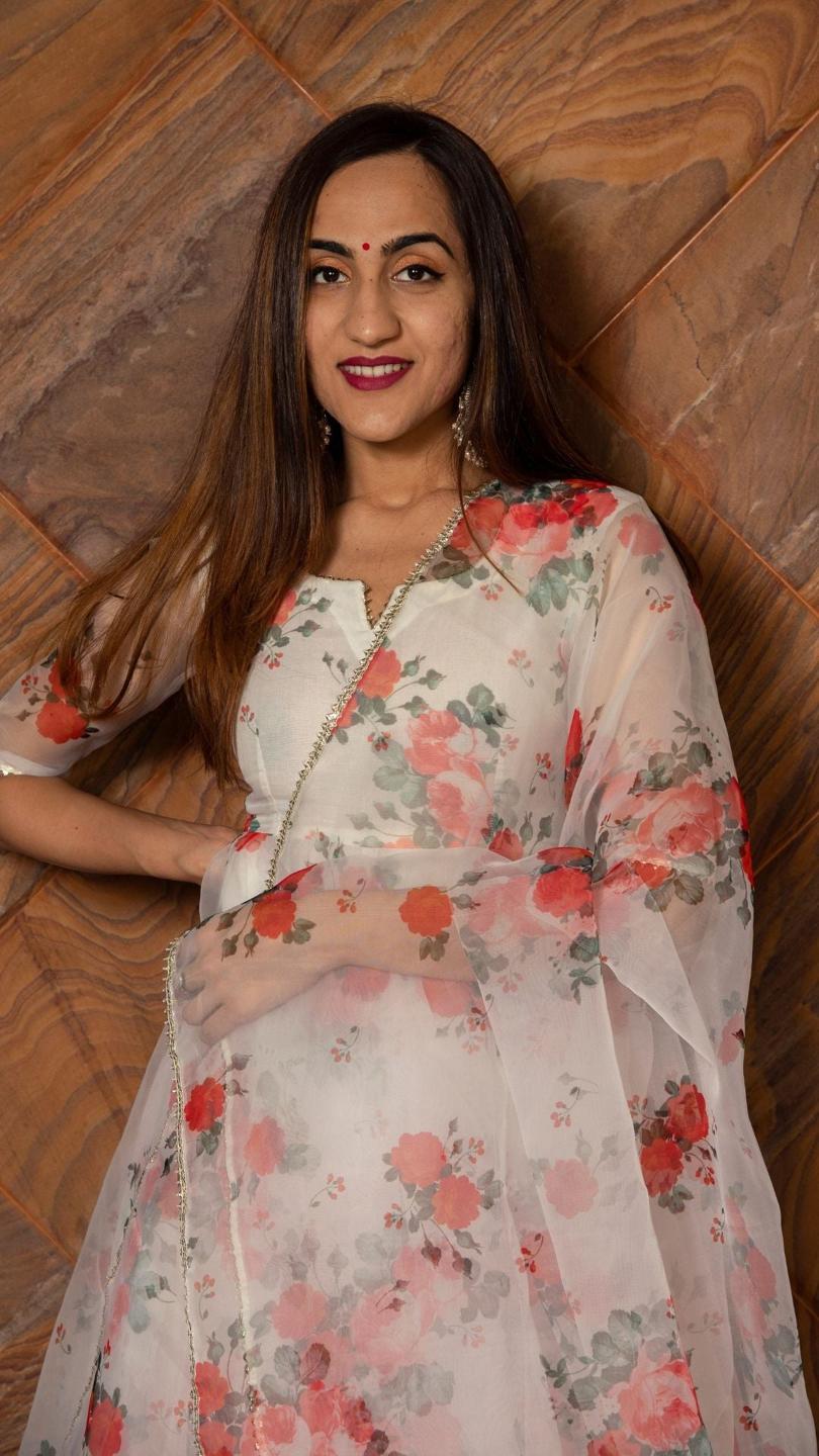 red-and-white-floral-organza-anarkali-set-11403121WH, Women Indian Ethnic Clothing, Cotton Kurta Set Dupatta