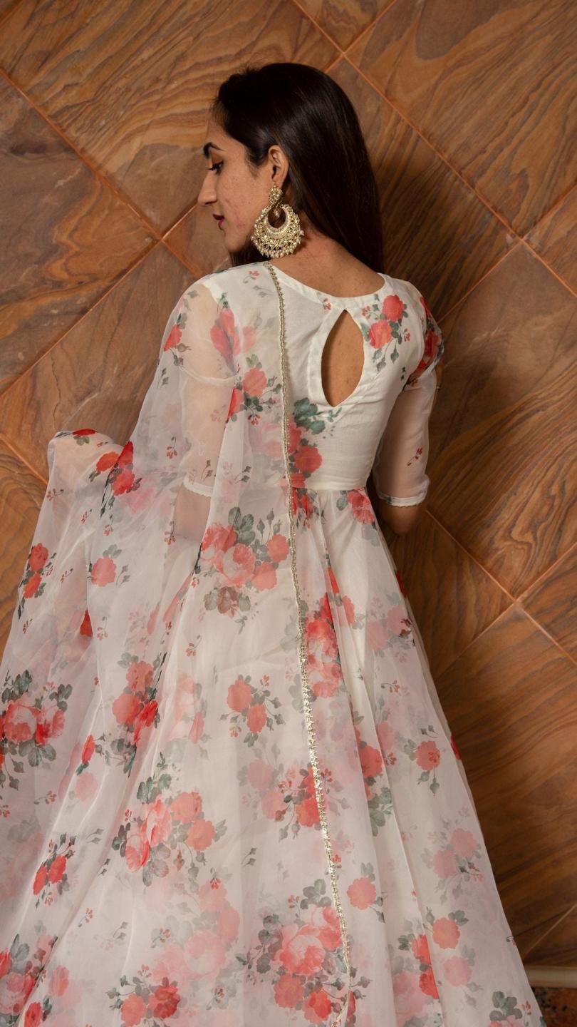 red-and-white-floral-organza-anarkali-set-11403121WH, Women Indian Ethnic Clothing, Cotton Kurta Set Dupatta