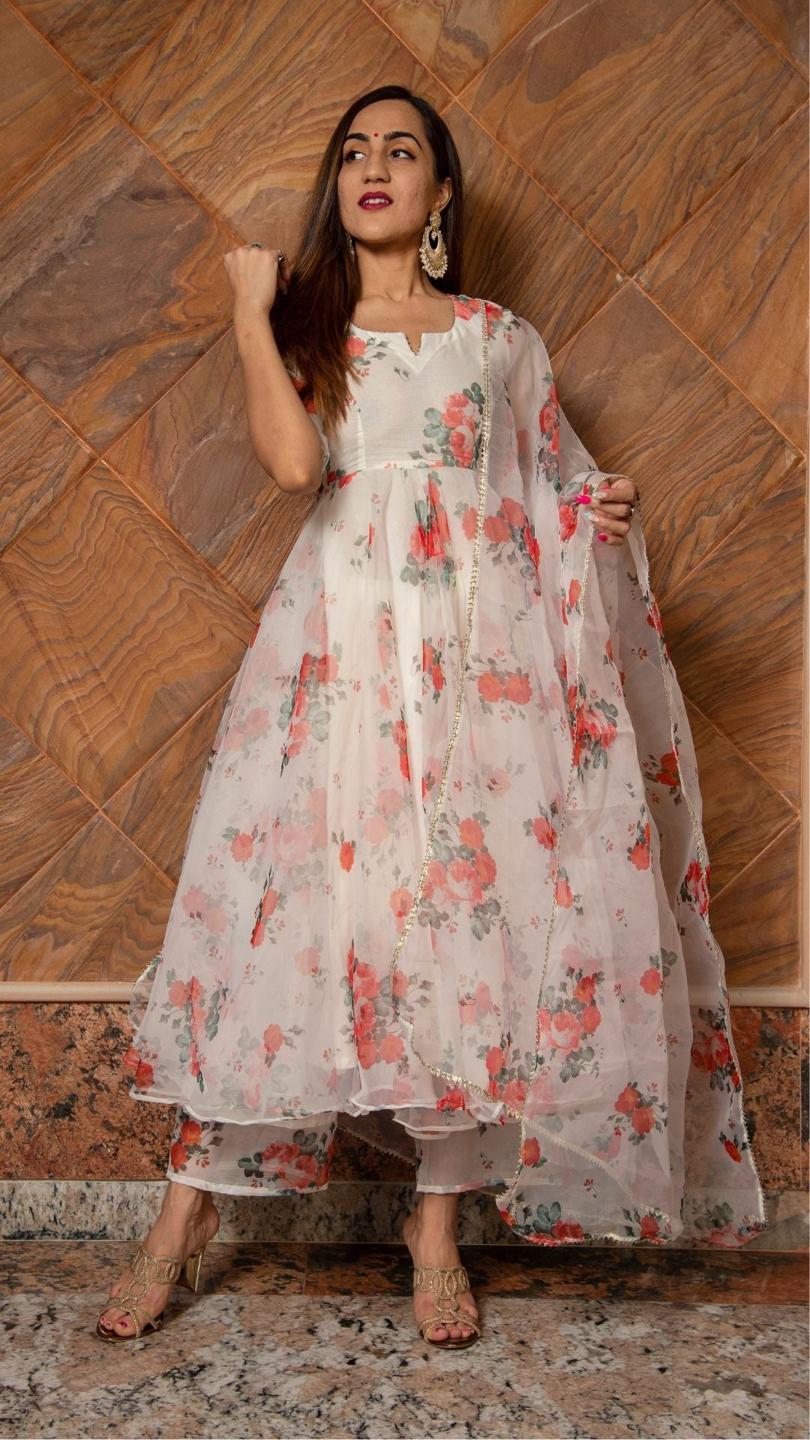 red-and-white-floral-organza-anarkali-set-11403121WH, Women Indian Ethnic Clothing, Cotton Kurta Set Dupatta