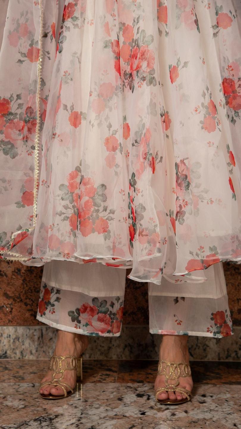 red-and-white-floral-organza-anarkali-set-11403121WH, Women Indian Ethnic Clothing, Cotton Kurta Set Dupatta