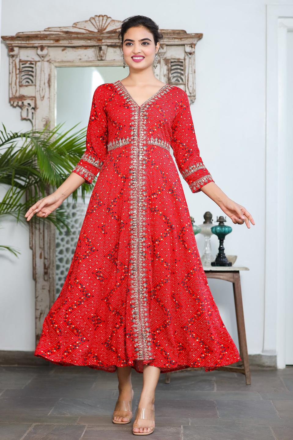 red-bandhani-embroidered-dress-10104036RD, Women Clothing, Rayon Dress