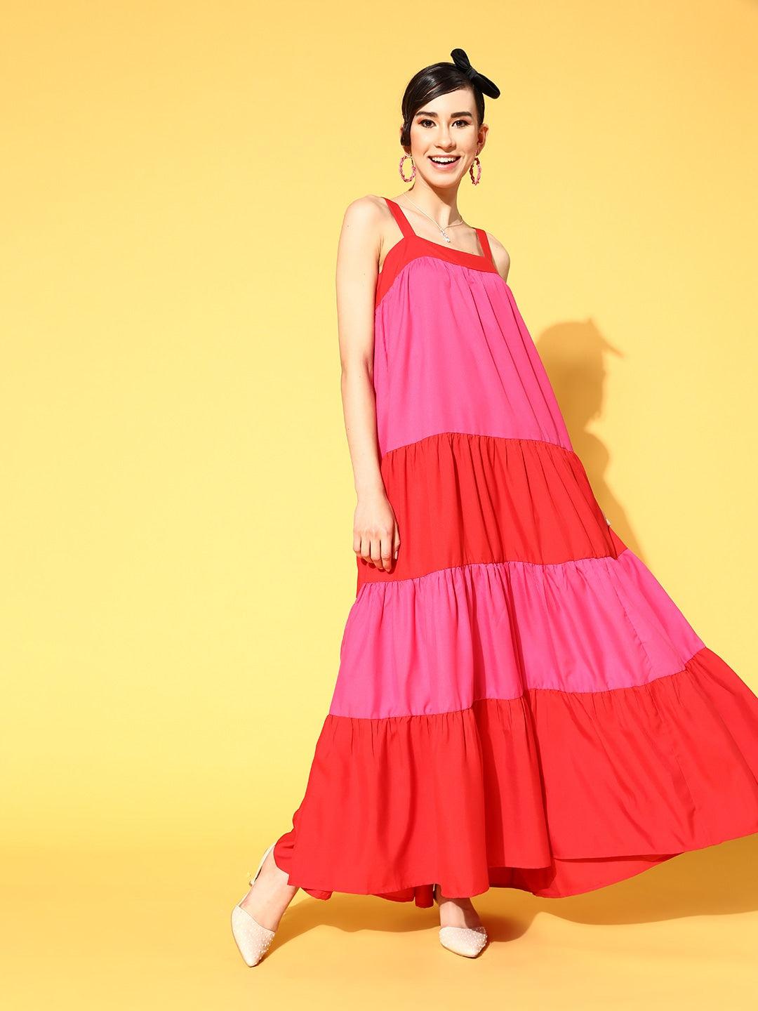 red-fuchsia-block-tiered-maxi-dress-10704002RD, Women Clothing, Poly Rayon Dress