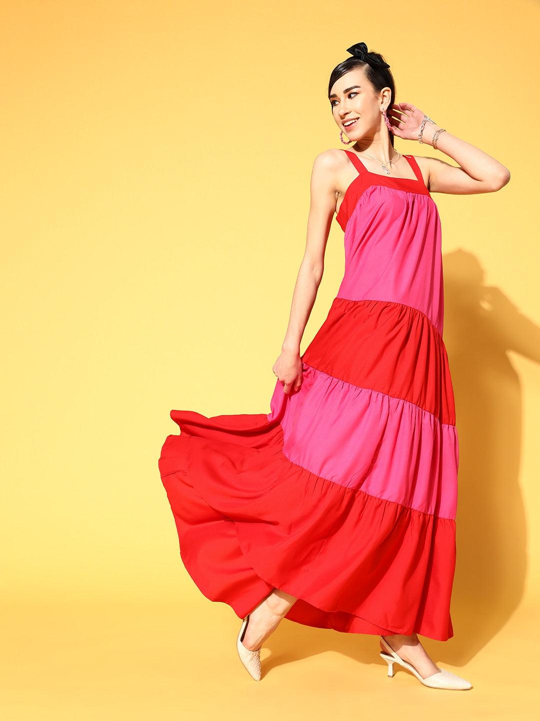 red-fuchsia-block-tiered-maxi-dress-10704002RD, Women Clothing, Poly Rayon Dress
