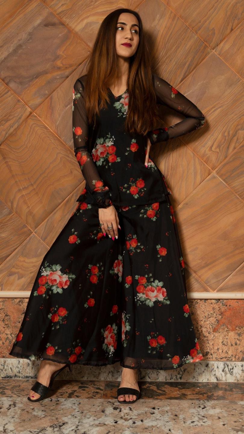 red-rose-organza-kurta-palazzo-set-11403113RD, Women Indian Ethnic Clothing, Cotton Kurta Set Dupatta