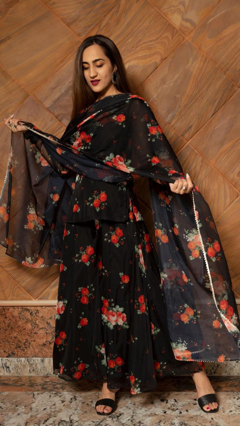 red-rose-organza-kurta-palazzo-set-11403113RD, Women Indian Ethnic Clothing, Cotton Kurta Set Dupatta