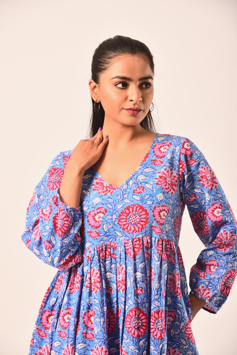 Red Blue Block Print Short Dress