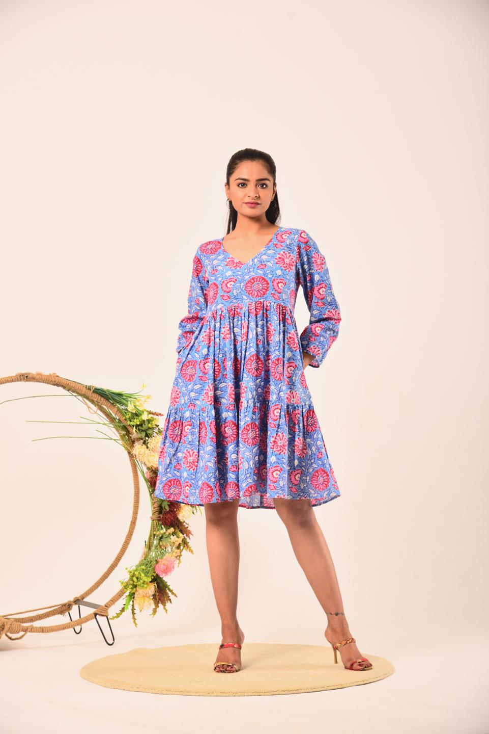 Red Blue Block Print Short Dress