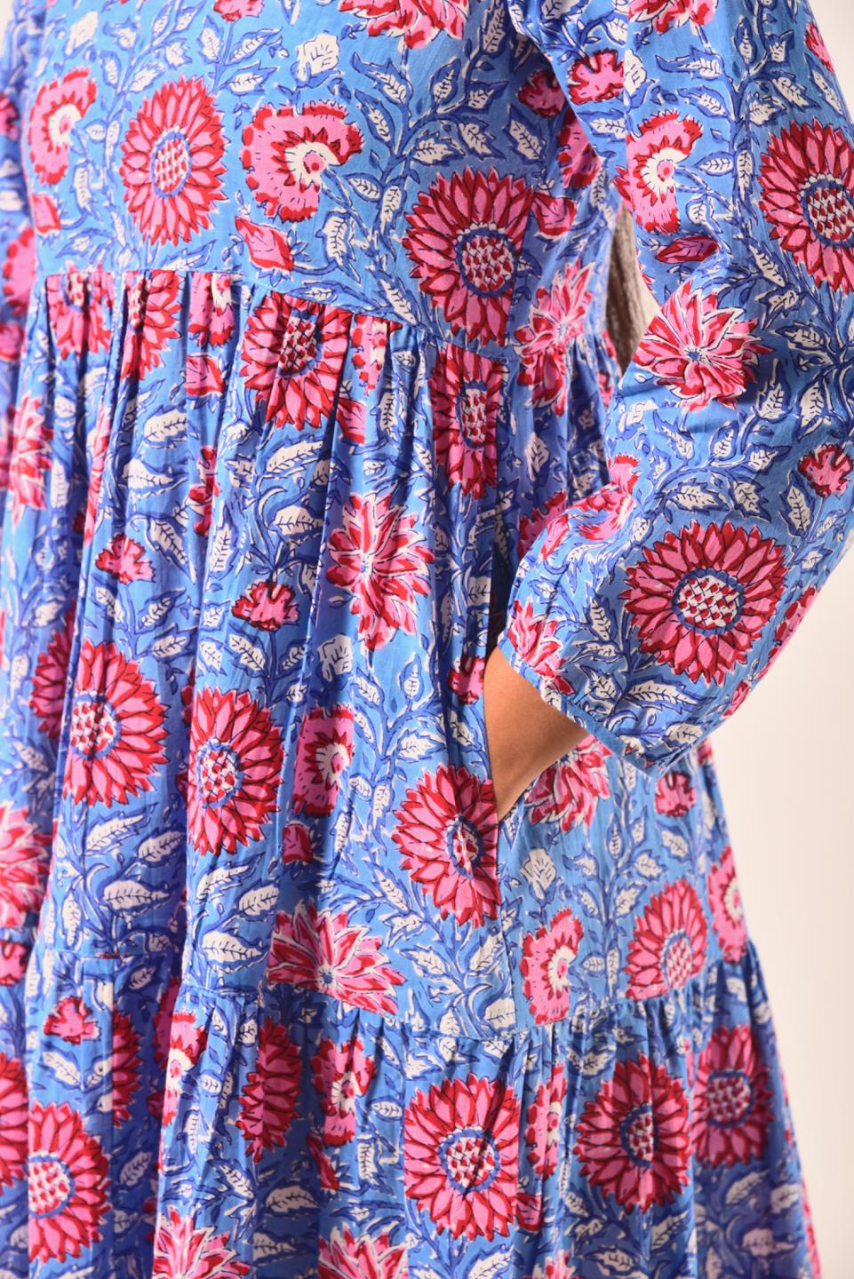 Red Blue Block Print Short Dress