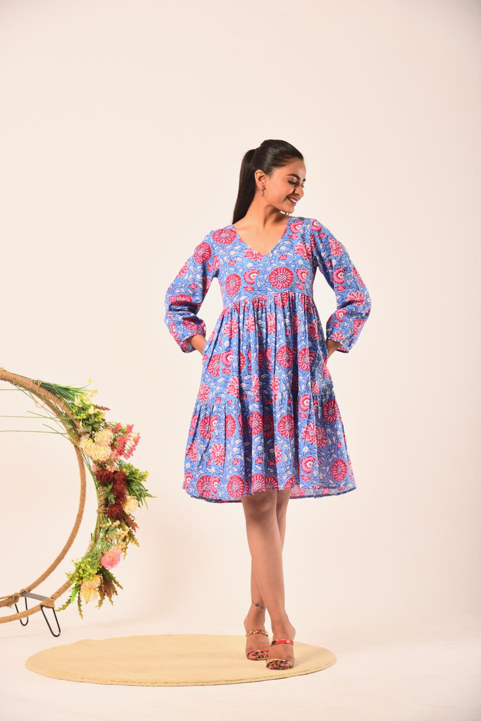 Red Blue Block Print Short Dress