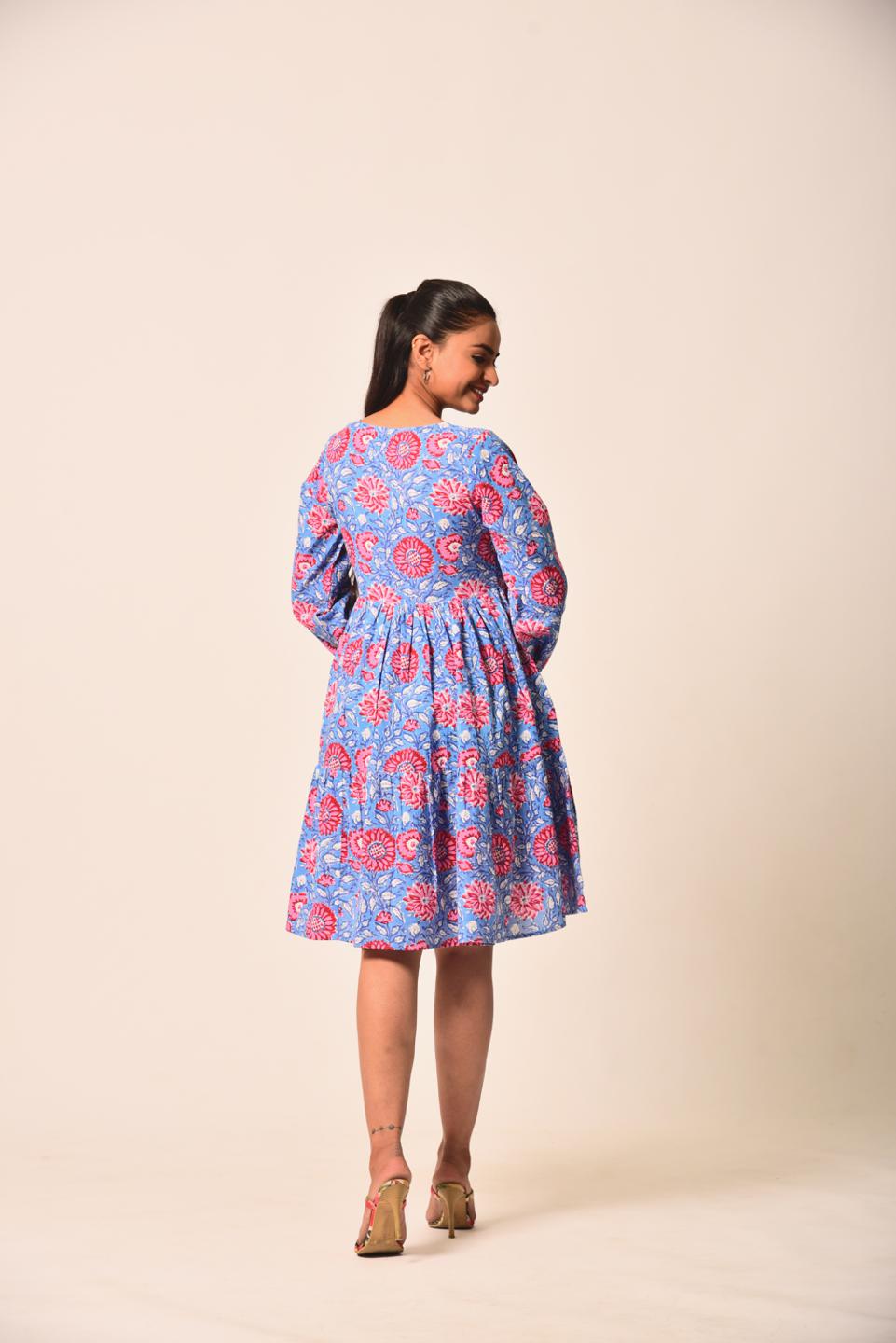 Red Blue Block Print Short Dress