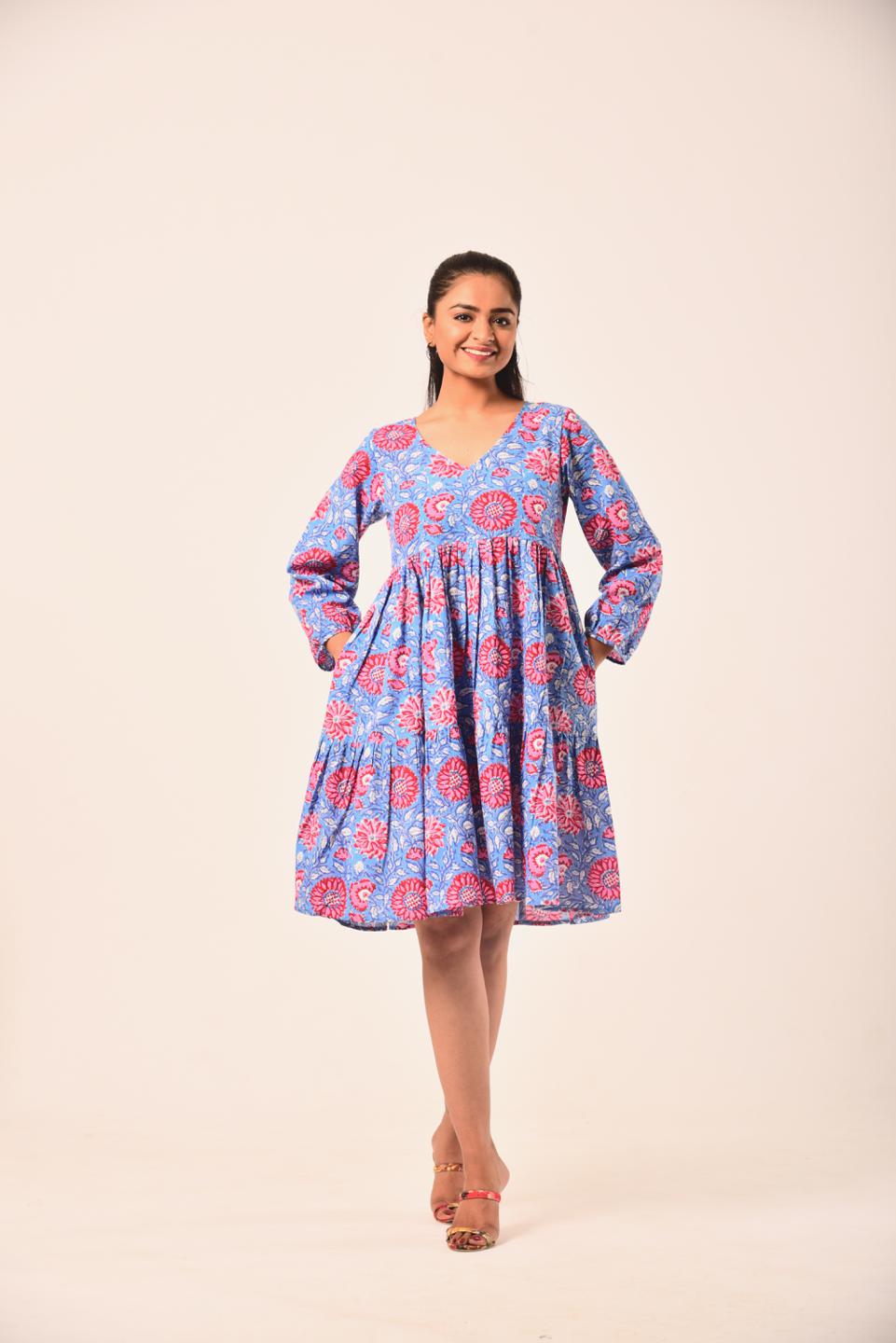 Red Blue Block Print Short Dress