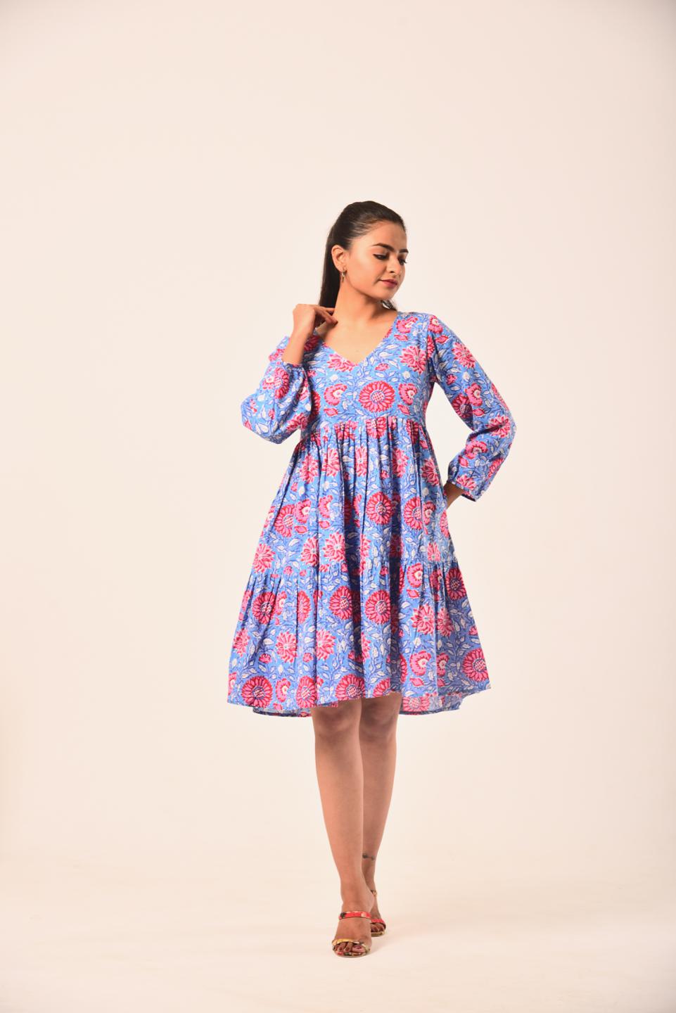 Red Blue Block Print Short Dress