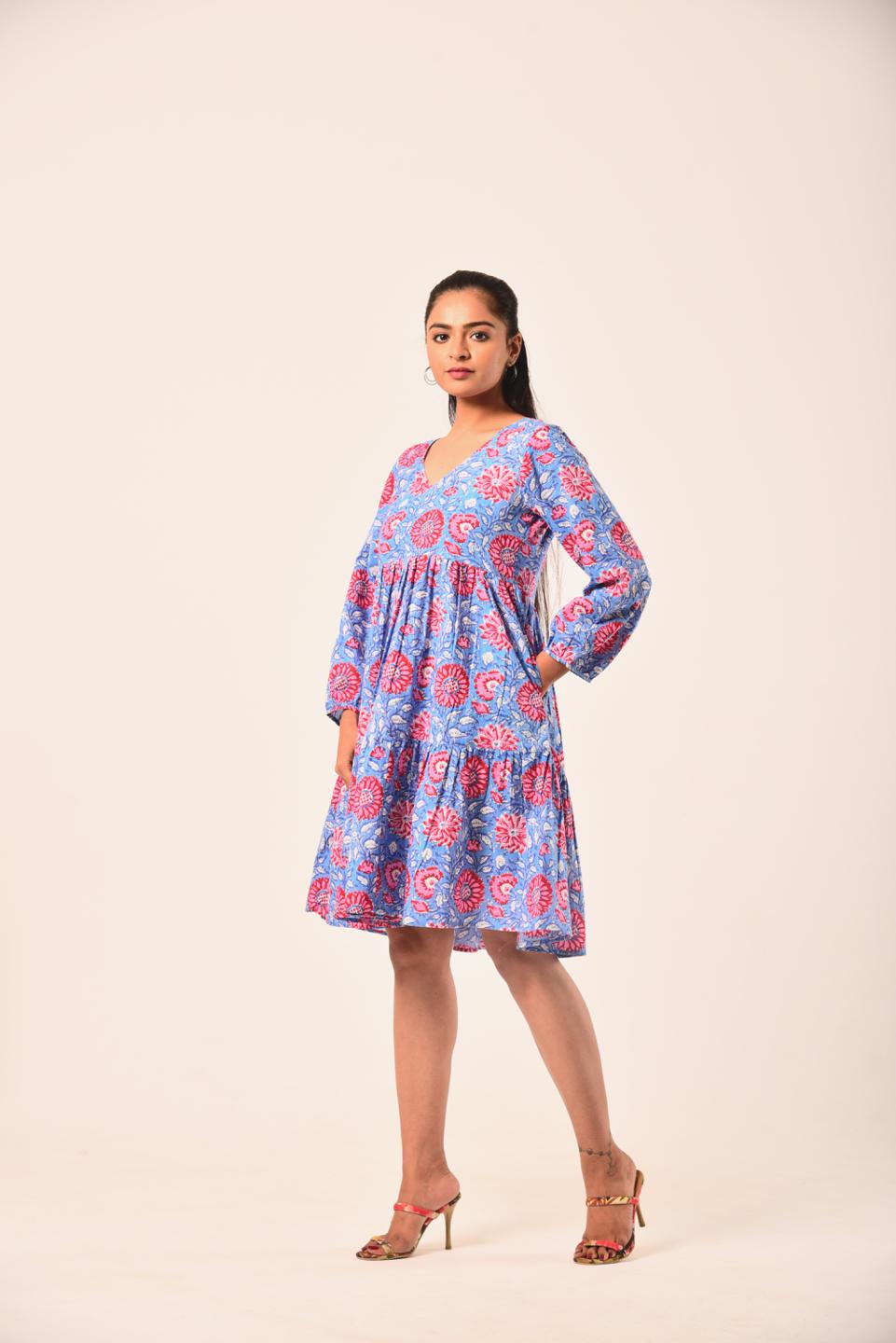 Red Blue Block Print Short Dress
