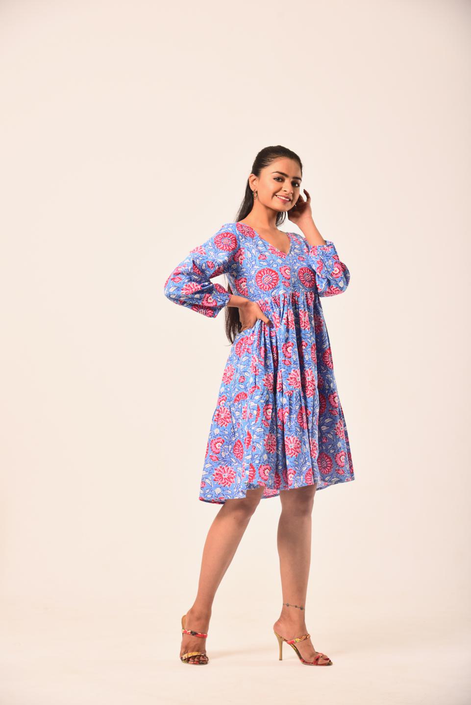 Red Blue Block Print Short Dress