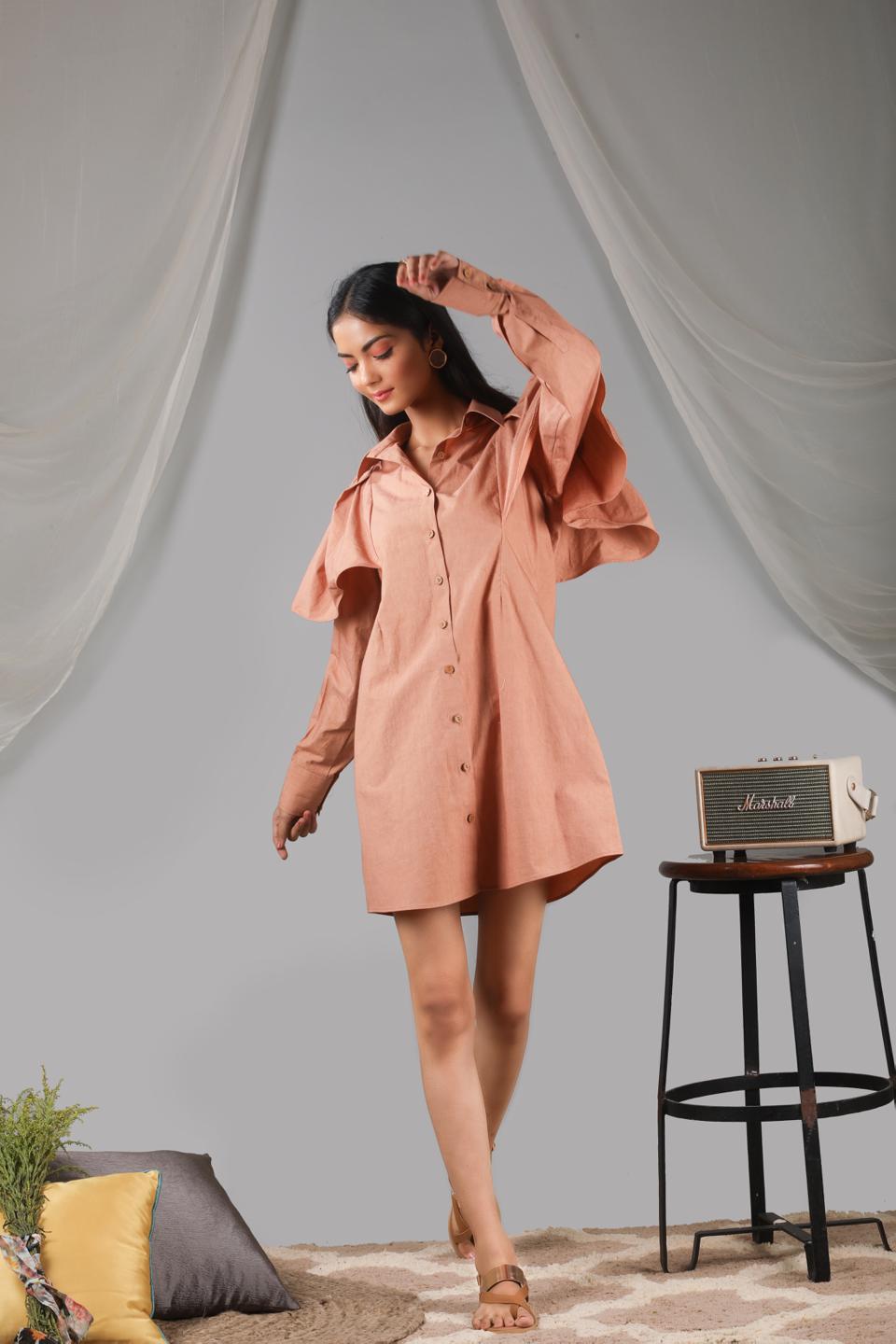 roasted-almond-shoulder-ruffle-shirt-dress-11704080BR, Women Clothing, Cotton Dress