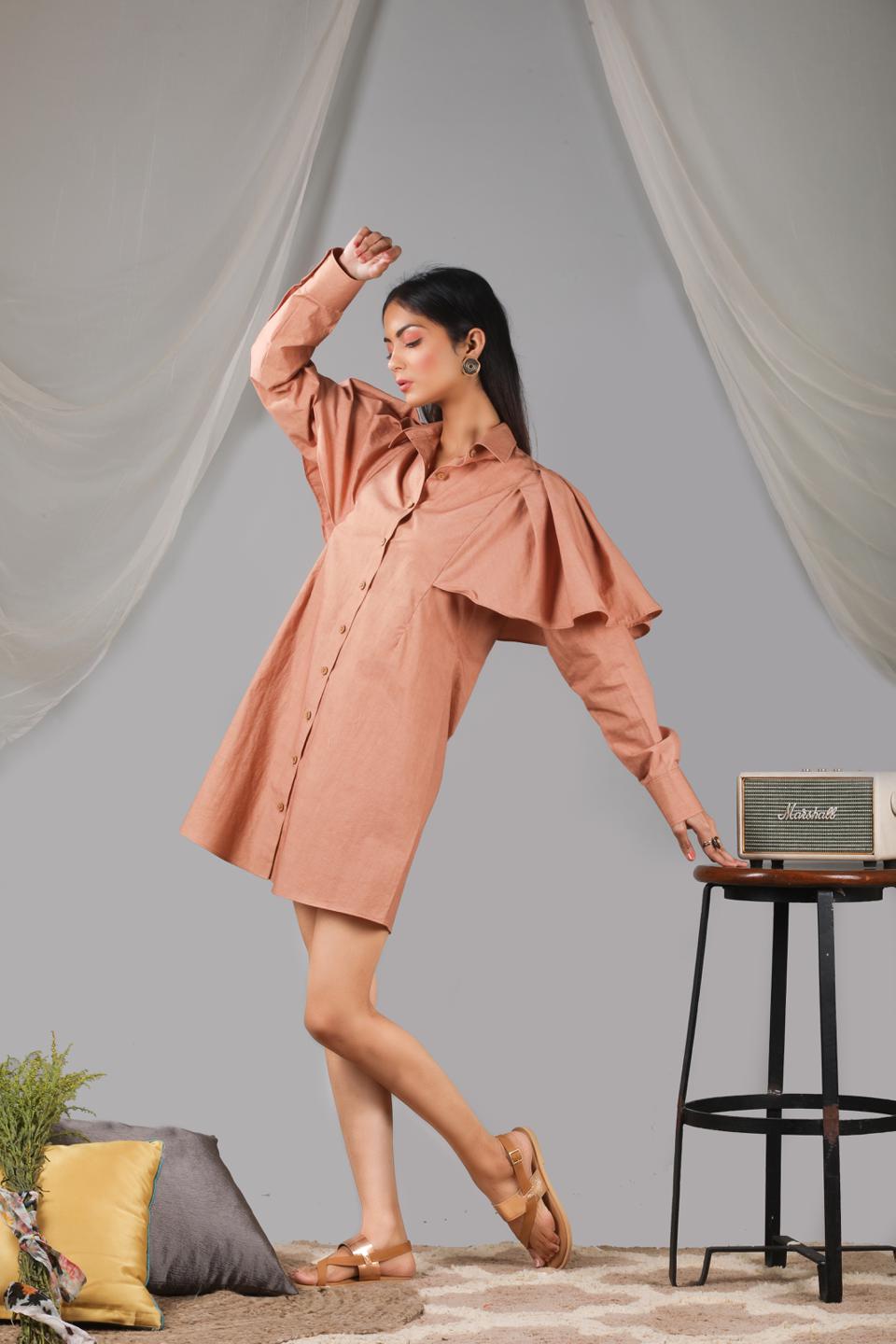 roasted-almond-shoulder-ruffle-shirt-dress-11704080BR, Women Clothing, Cotton Dress