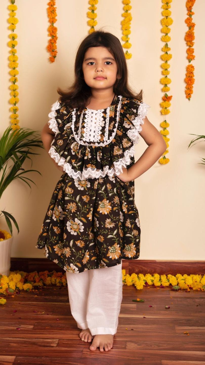 roop-rang-frock-pant-11437017BR, Kids Indian Ethnic Clothing, Cotton Girl Frock Pant Set
