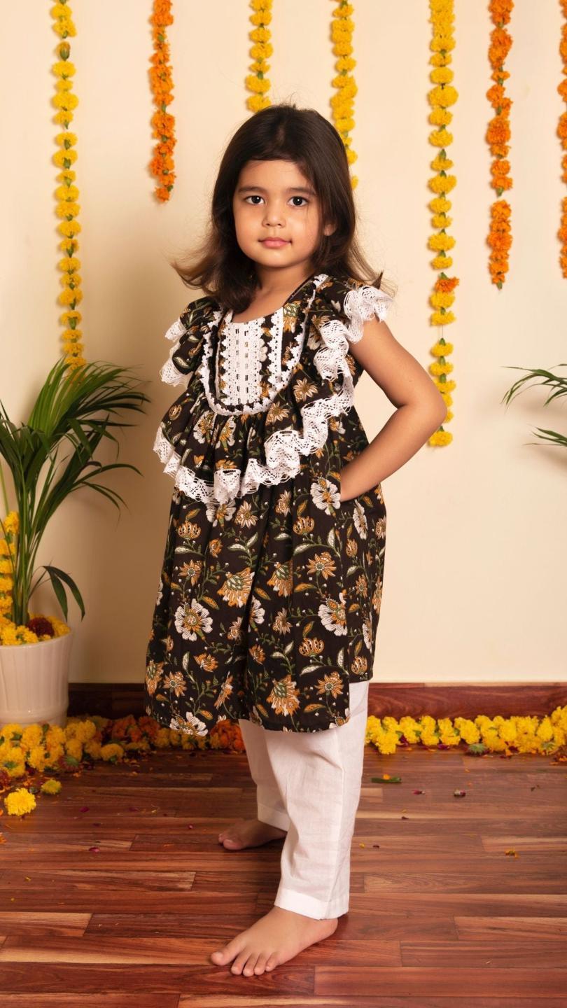 roop-rang-frock-pant-11437017BR, Kids Indian Ethnic Clothing, Cotton Girl Frock Pant Set