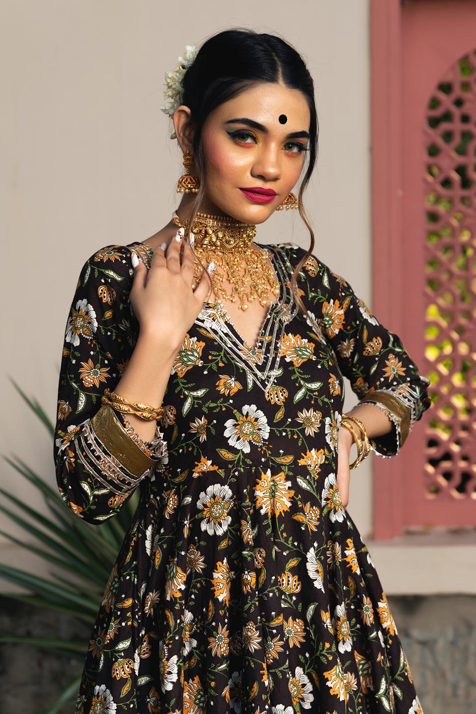 roop-rang-hand-block-anarkali-set-11403105BR, Women Indian Ethnic Clothing, Cotton Kurta Set Dupatta