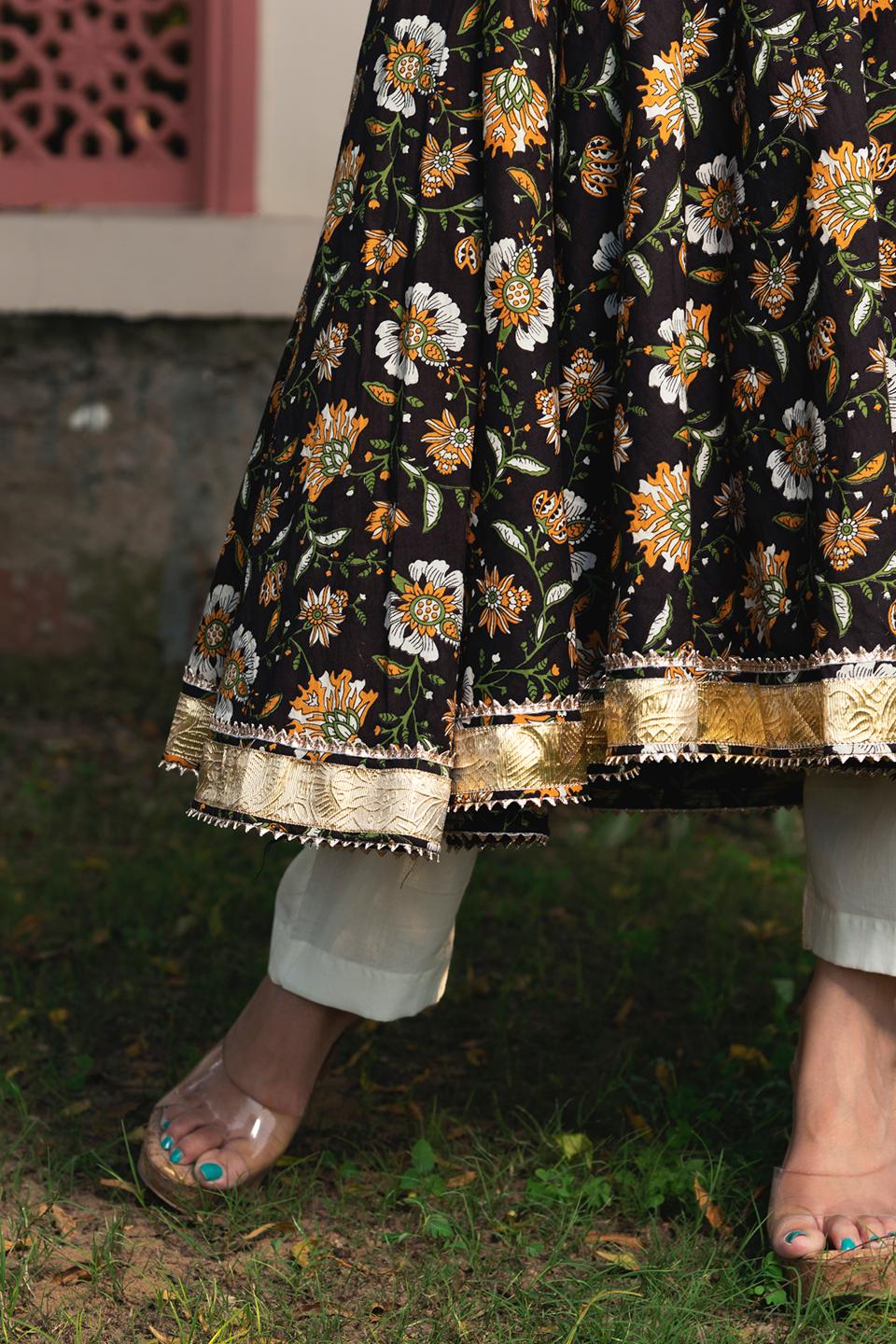 roop-rang-hand-block-anarkali-set-11403105BR, Women Indian Ethnic Clothing, Cotton Kurta Set Dupatta