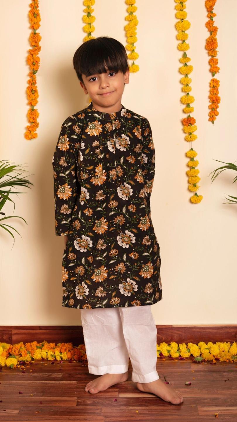 roop-rang-kurta-pant-set-11420108BR, Kids Indian Ethnic Clothing, Cotton Boy Kurta Pajama Set