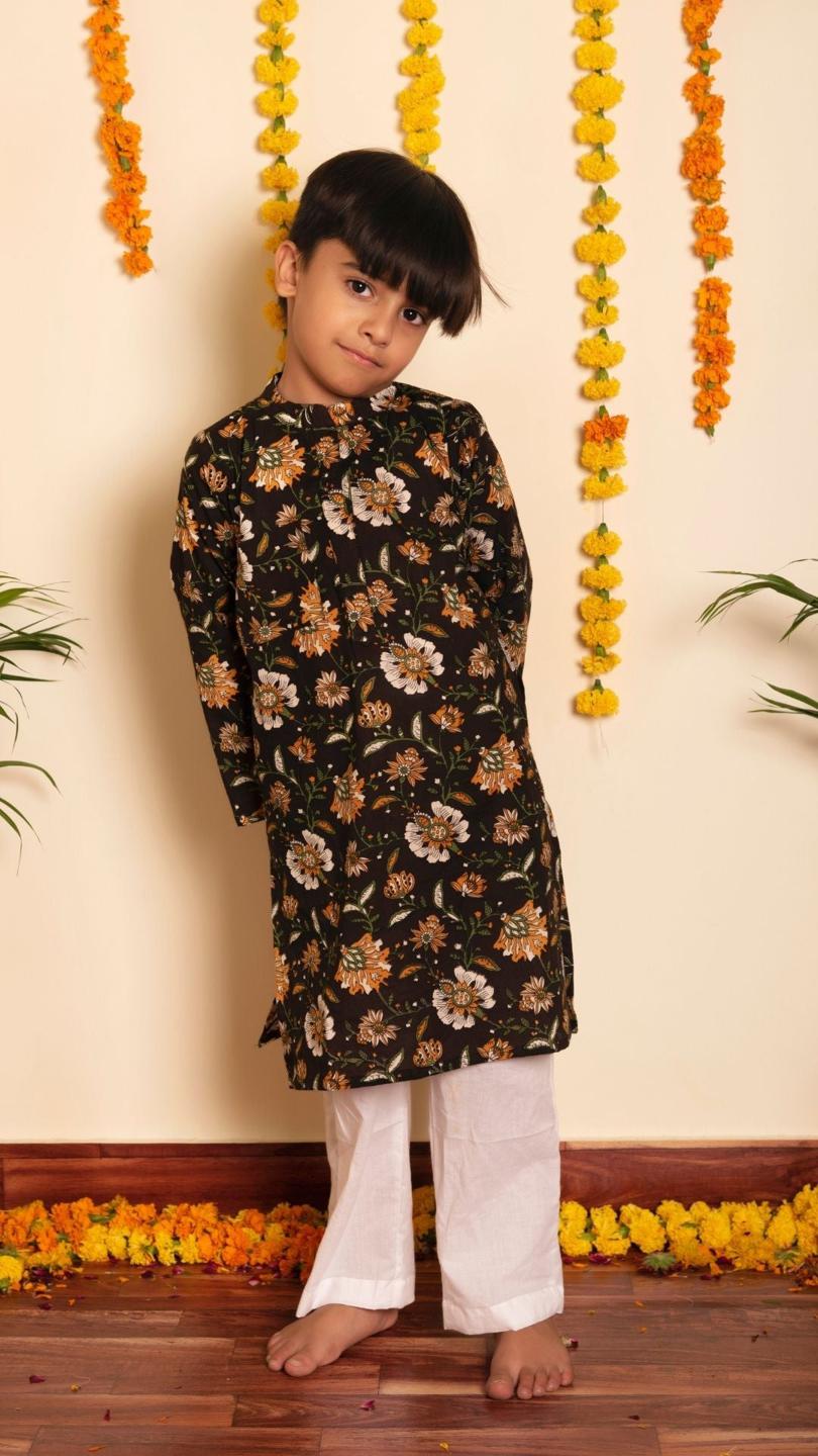roop-rang-kurta-pant-set-11420108BR, Kids Indian Ethnic Clothing, Cotton Boy Kurta Pajama Set
