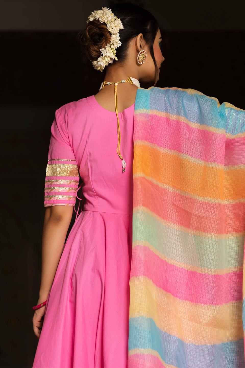 rose-pink-cotton-angrakha-set-11403102PK, Women Indian Ethnic Clothing, Cotton Kurta Set Dupatta