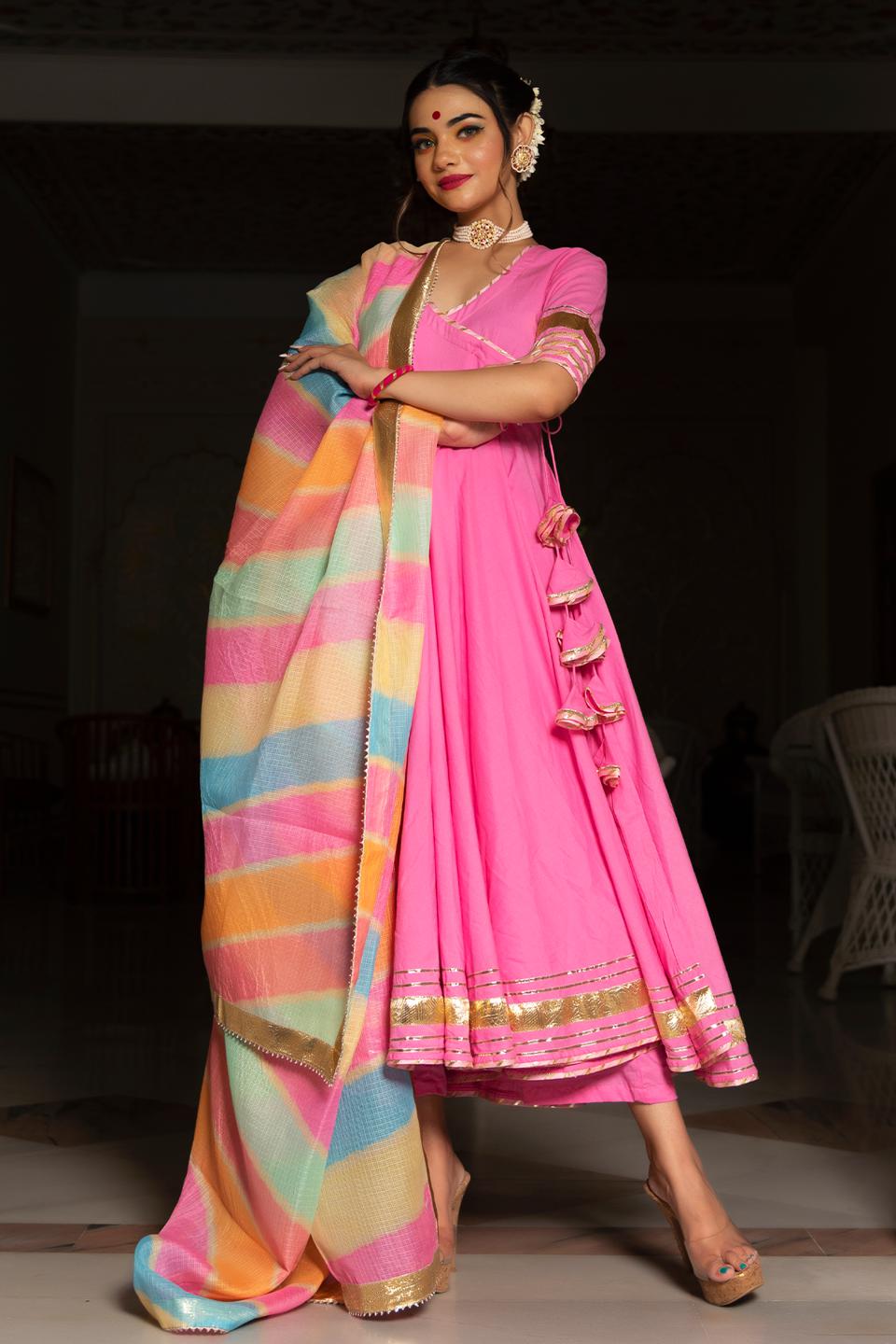rose-pink-cotton-angrakha-set-11403102PK, Women Indian Ethnic Clothing, Cotton Kurta Set Dupatta