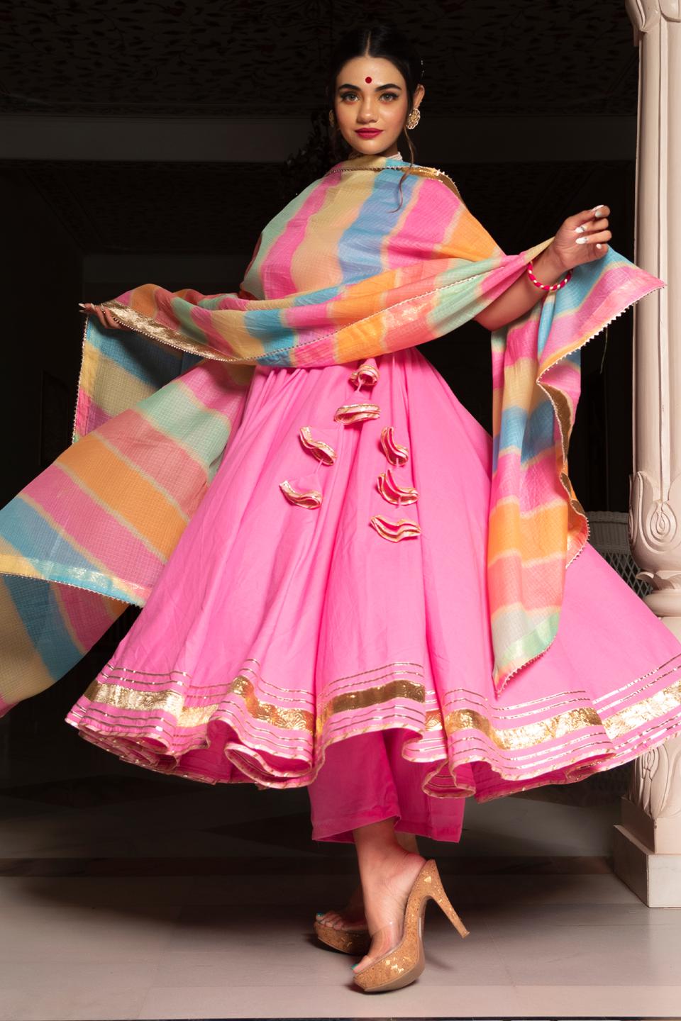 rose-pink-cotton-angrakha-set-11403102PK, Women Indian Ethnic Clothing, Cotton Kurta Set Dupatta