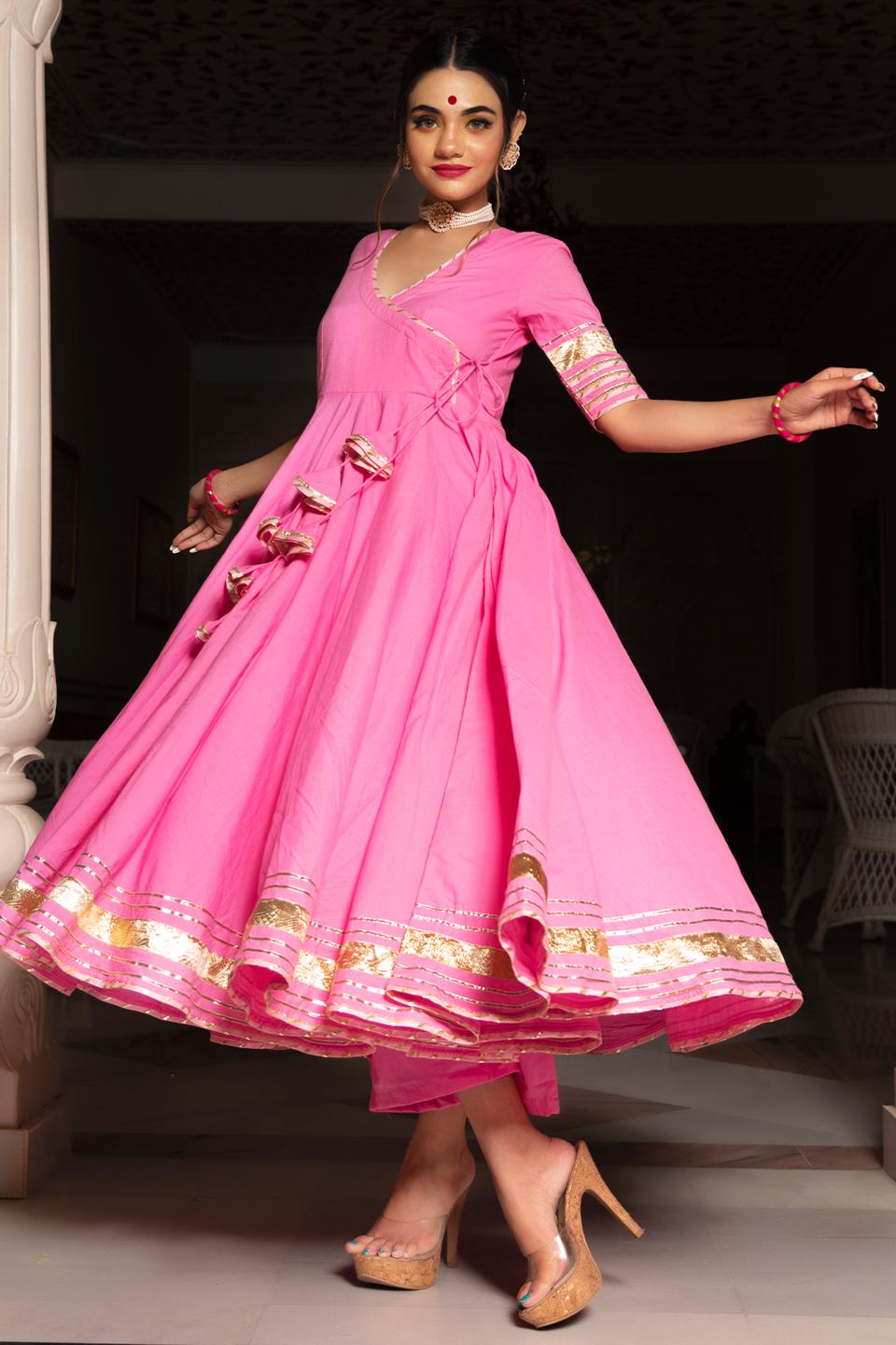 rose-pink-cotton-angrakha-set-11403102PK, Women Indian Ethnic Clothing, Cotton Kurta Set Dupatta