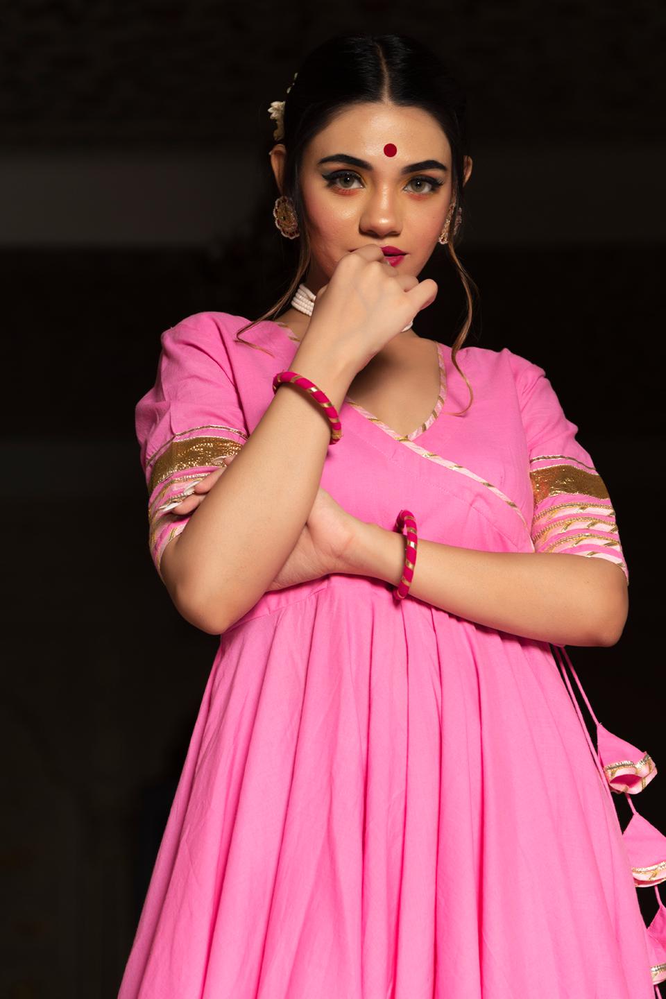rose-pink-cotton-angrakha-set-11403102PK, Women Indian Ethnic Clothing, Cotton Kurta Set Dupatta