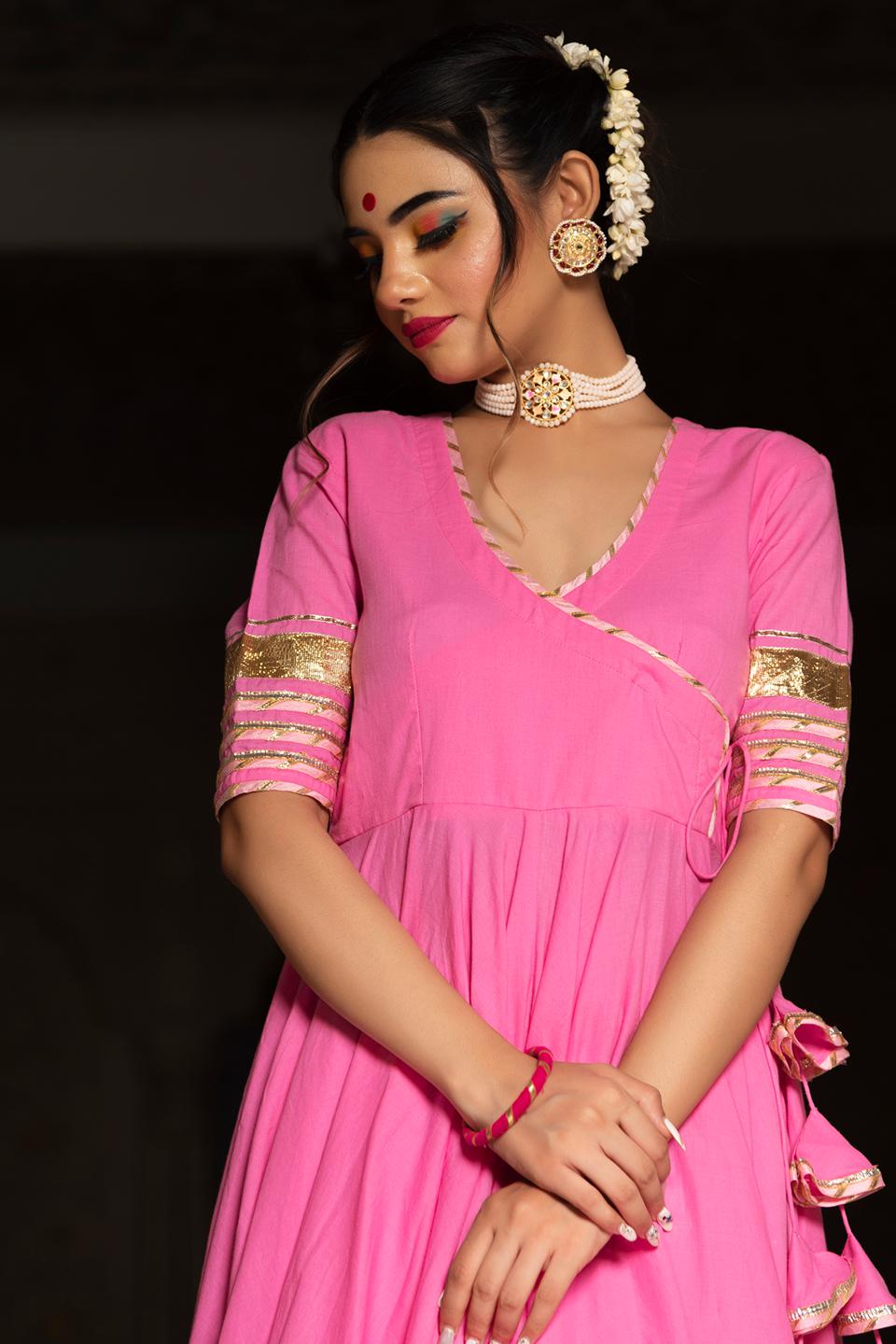 rose-pink-cotton-angrakha-set-11403102PK, Women Indian Ethnic Clothing, Cotton Kurta Set Dupatta