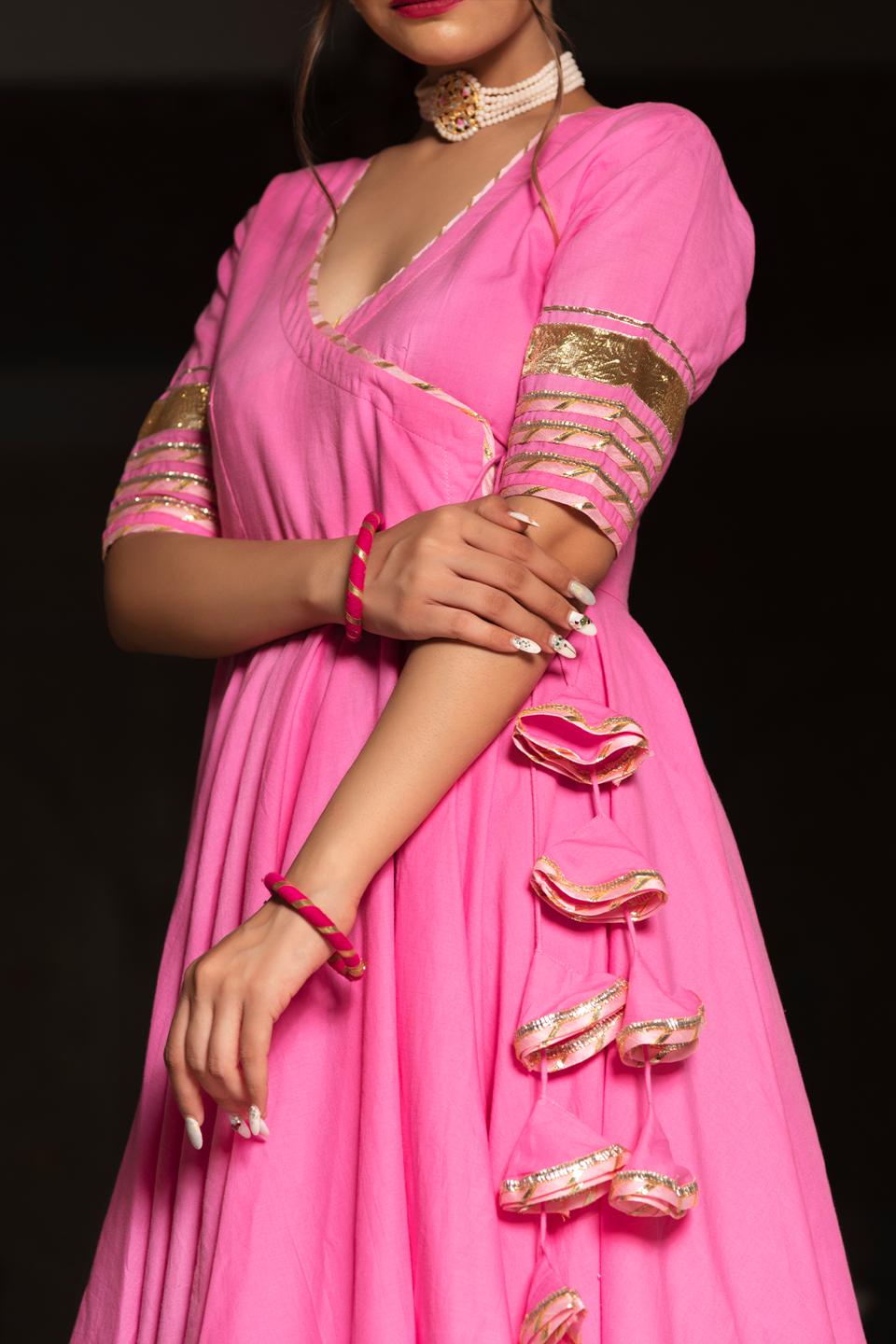 rose-pink-cotton-angrakha-set-11403102PK, Women Indian Ethnic Clothing, Cotton Kurta Set Dupatta