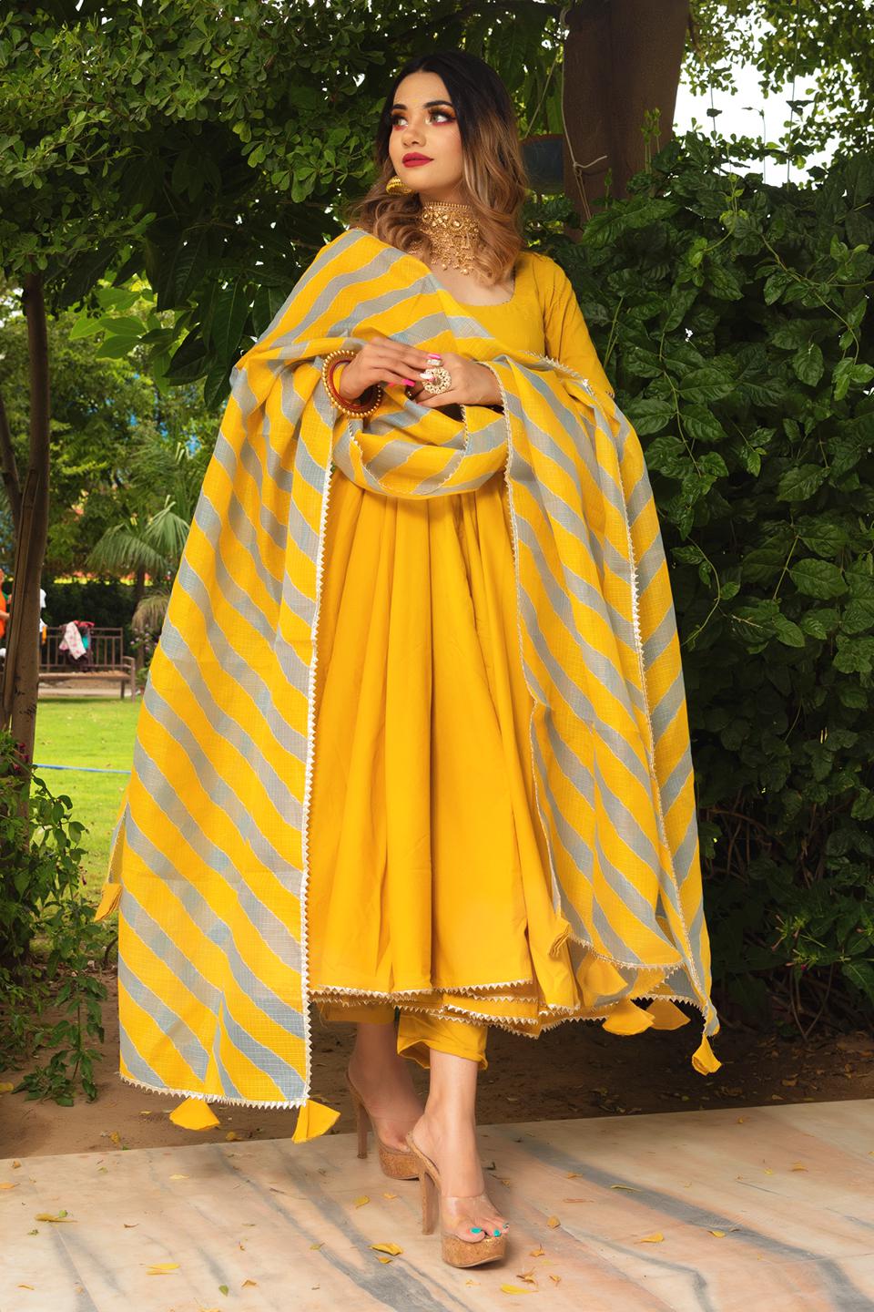 Rosemarry Yellow Cotton Anarkali Set