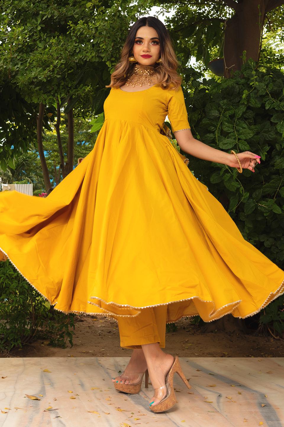 rosemarry-yellow-cotton-anarkali-set-11403103YL, Women Indian Ethnic Clothing, Cotton Kurta Set Dupatta