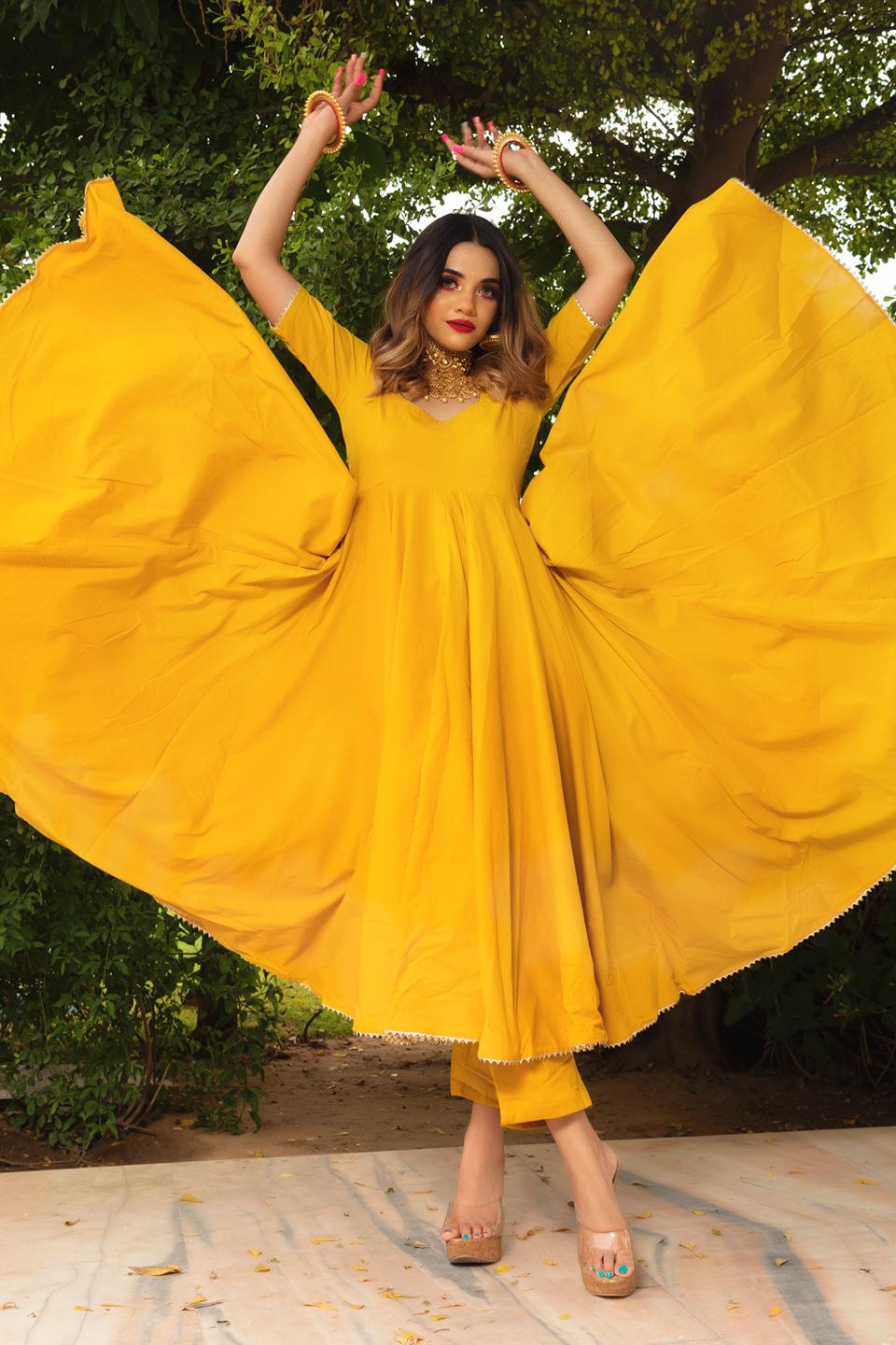 rosemarry-yellow-cotton-anarkali-set-11403103YL, Women Indian Ethnic Clothing, Cotton Kurta Set Dupatta