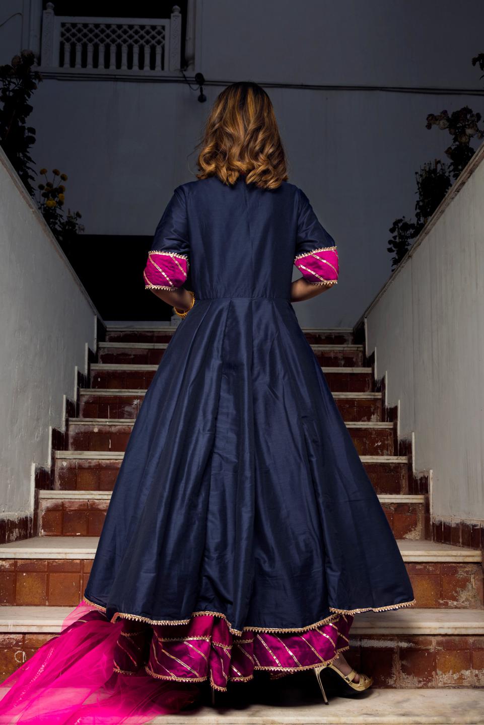 royal-blue-rani-pink-cotton-silk-angrakha-11403087BL, Women Indian Ethnic Clothing, Cotton Silk Kurta Set Dupatta