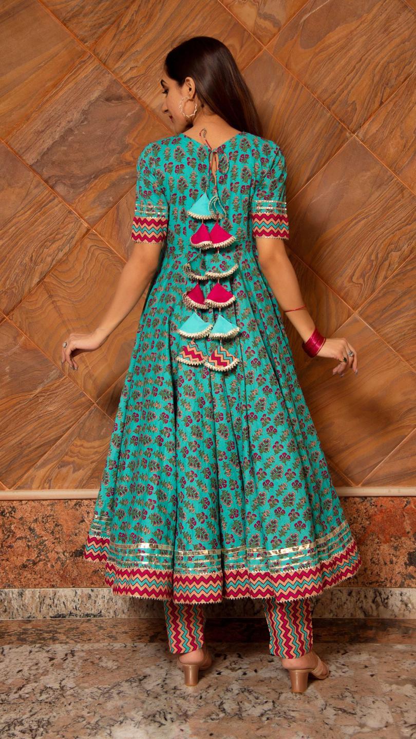 saanchi-cotton-anarkali-set-11403080GR, Women Indian Ethnic Clothing, Cotton Kurta Set Dupatta