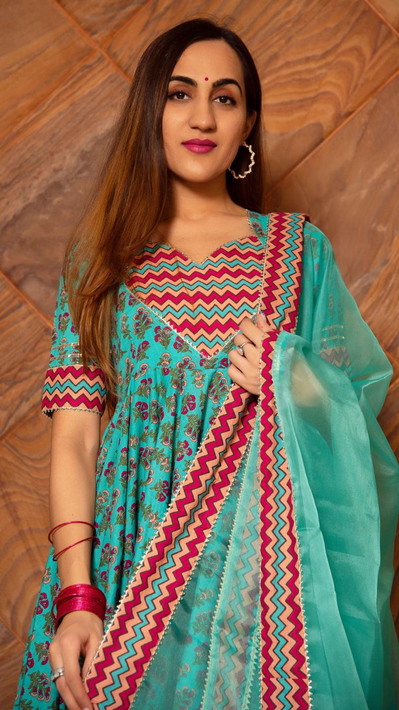 saanchi-cotton-anarkali-set-11403080GR, Women Indian Ethnic Clothing, Cotton Kurta Set Dupatta