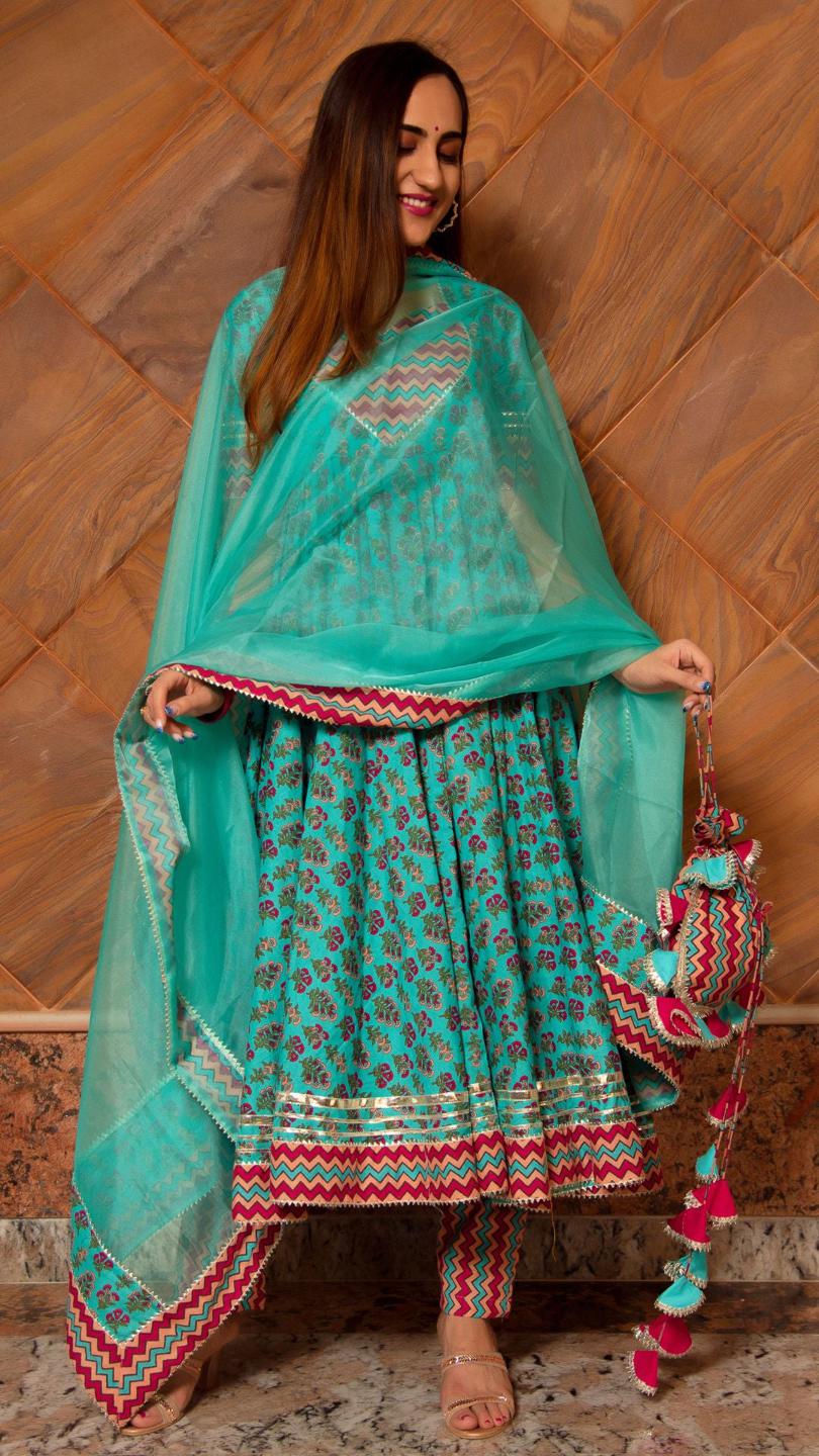 saanchi-cotton-anarkali-set-11403080GR, Women Indian Ethnic Clothing, Cotton Kurta Set Dupatta