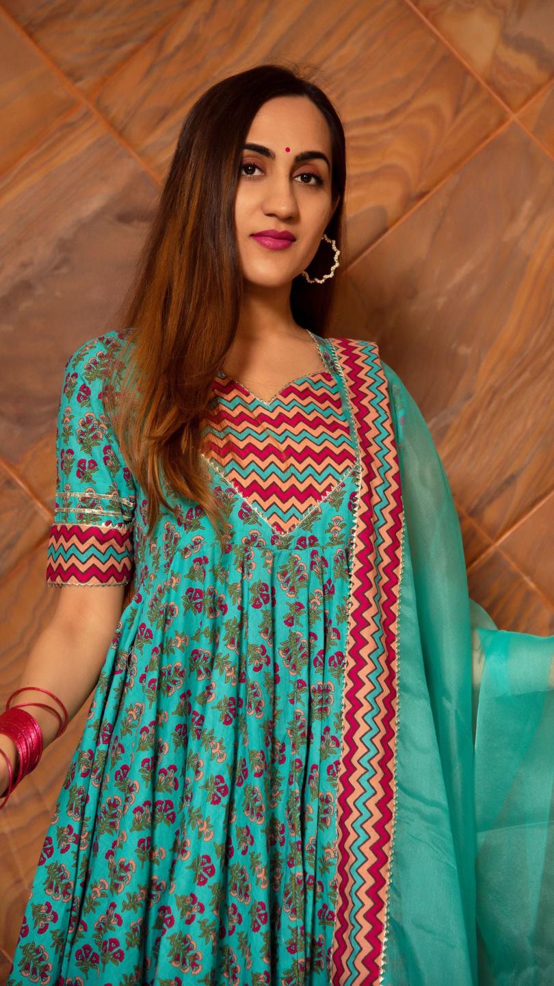 saanchi-cotton-anarkali-set-11403080GR, Women Indian Ethnic Clothing, Cotton Kurta Set Dupatta