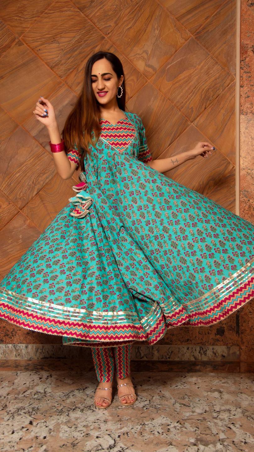 saanchi-cotton-anarkali-set-11403080GR, Women Indian Ethnic Clothing, Cotton Kurta Set Dupatta