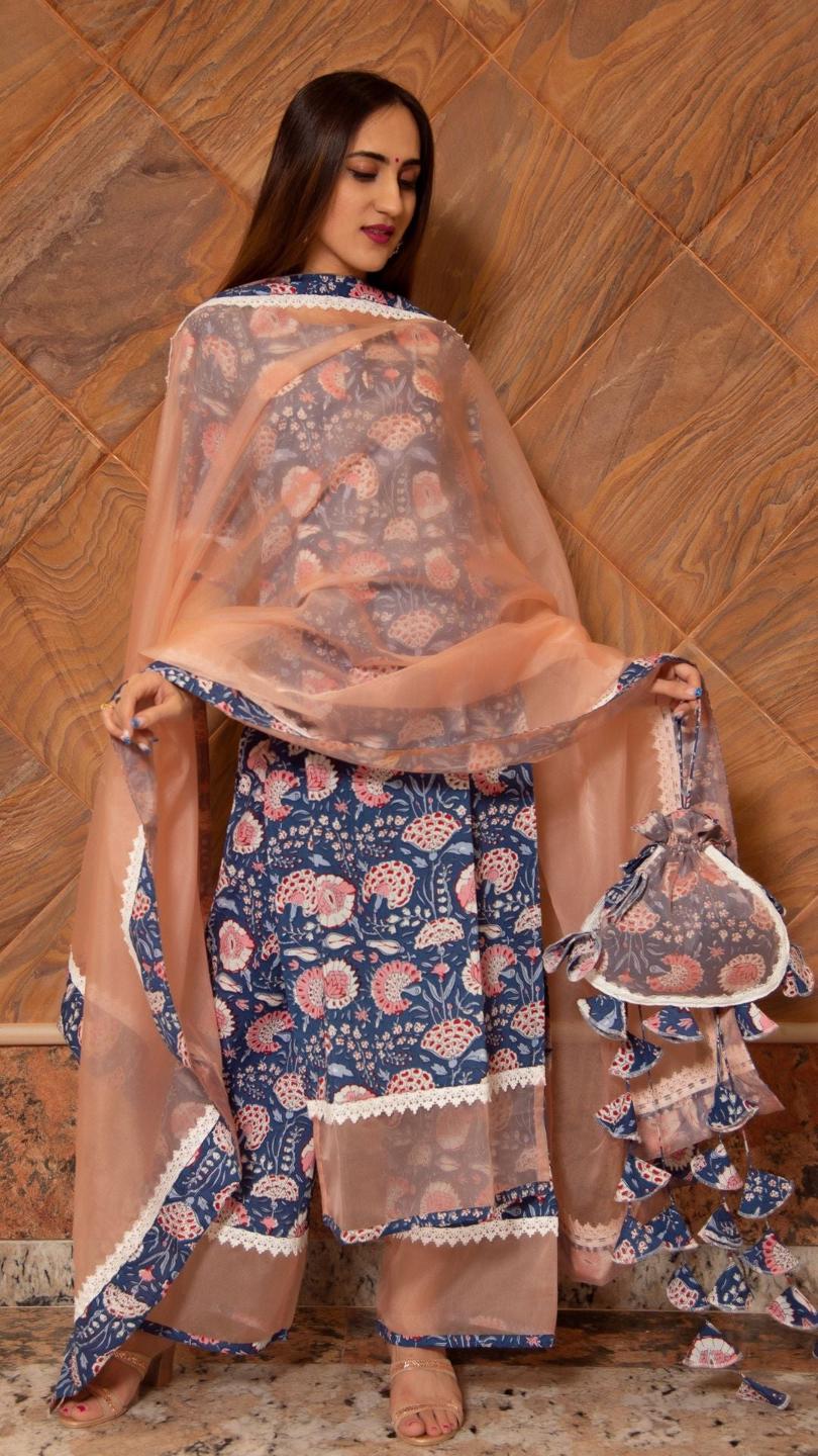 sarika-cotton-suit-set-11403079BL, Women Indian Ethnic Clothing, Cotton Kurta Set Dupatta