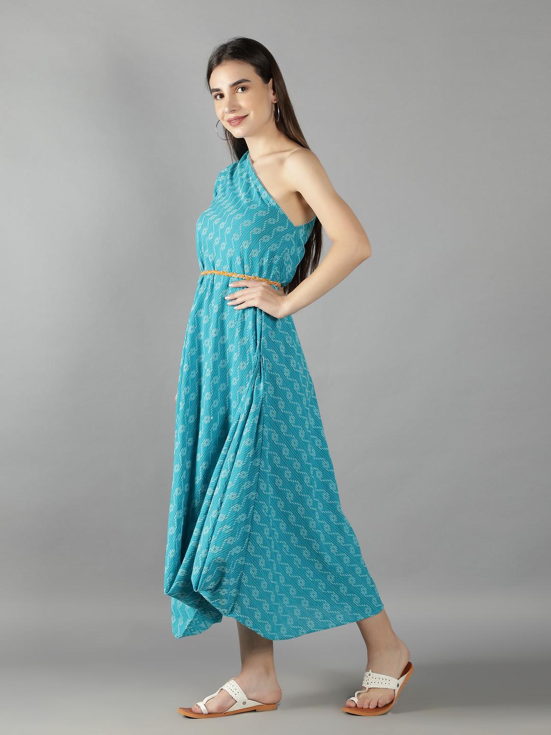 scuba-blue-one-shoulder-cowl-caftan-paired-with-a-signal-yellow-braided-belt-11721114BL, Women Clothing, Cotton Caftan